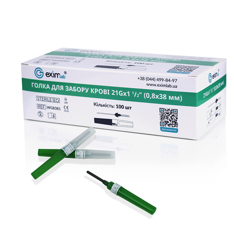 Голка для забору крові, 21Gx1½"(0,8x38 мм), колір зелений (уп.100 шт.)